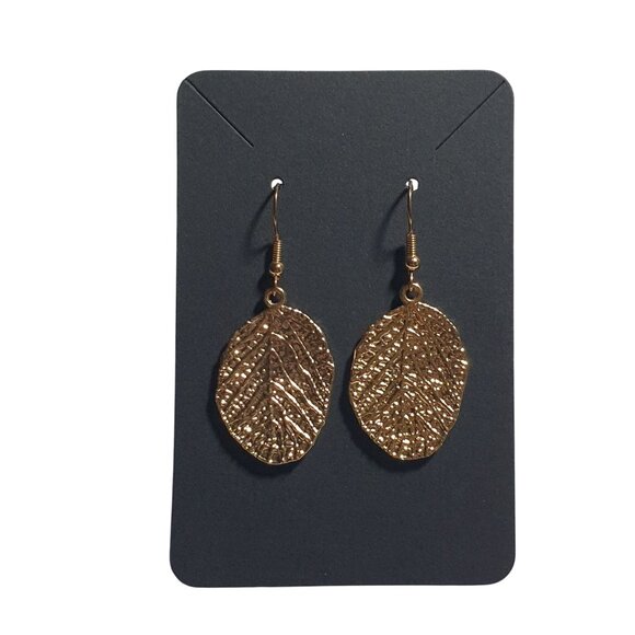 Gold Tone Textured Leaf Dangle Earrings Classic Elegant Design Hook Lightweight - Picture 1 of 5